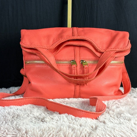 Fossil Handbags - Fossil Erin Foldover Tote Crossbody Bag Coral Orange Pebbled Leather Convertible